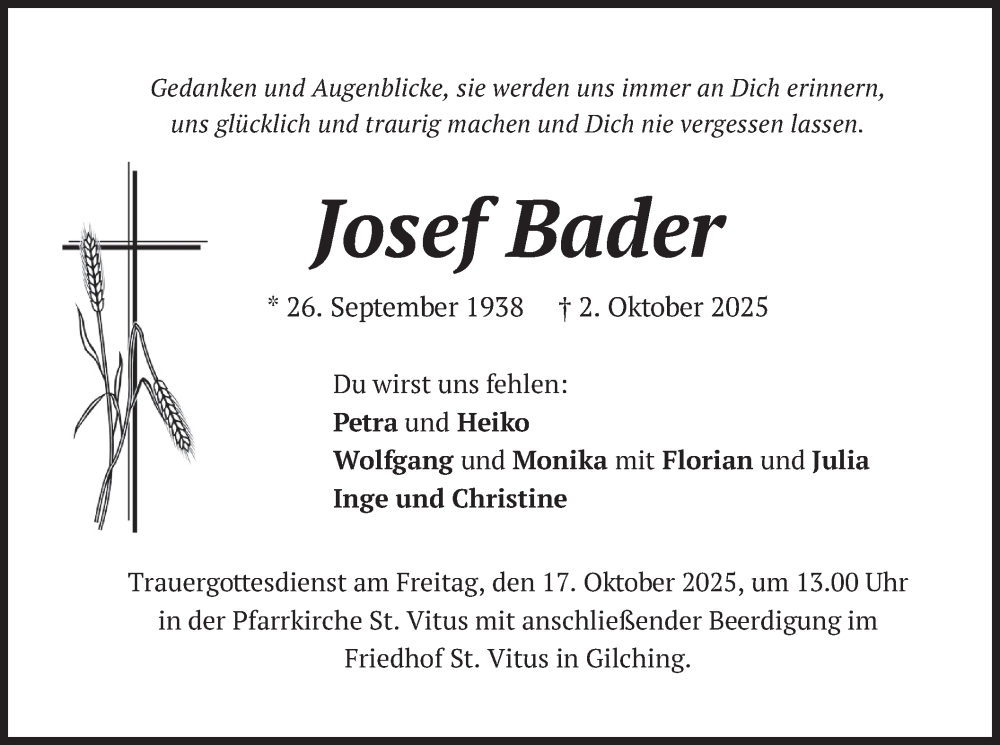  Traueranzeige für Josef Bader vom 11.10.2025 aus merkurtz