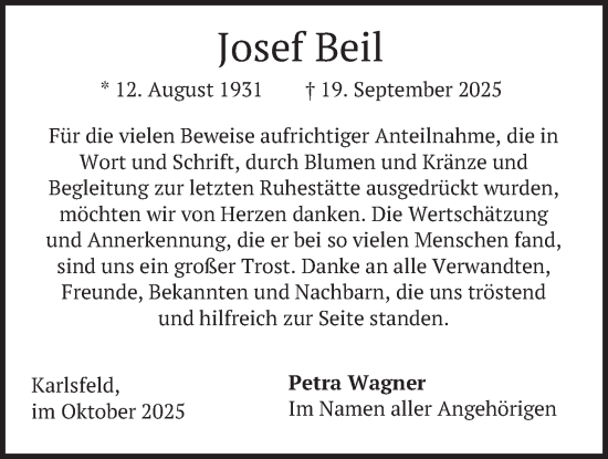 Traueranzeige von Josef Beil von merkurtz