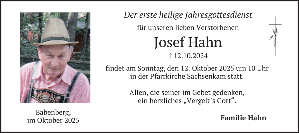  Traueranzeige für Josef Hahn vom 10.10.2025 aus merkurtz