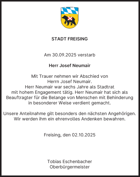 Traueranzeige von Josef Neumair von merkurtz