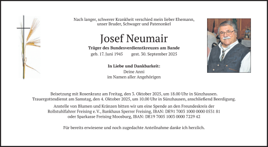 Traueranzeige von Josef Neumair von merkurtz