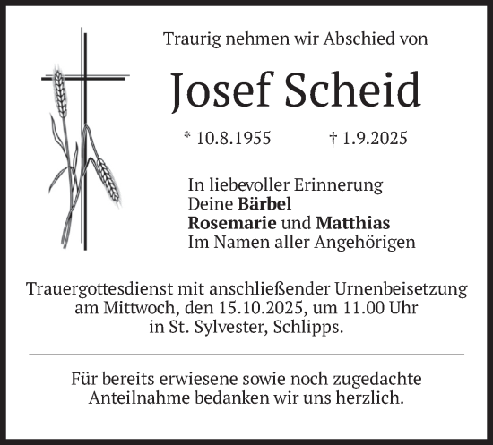 Traueranzeige von Josef Scheid von merkurtz