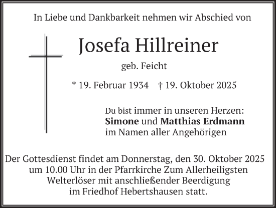 Traueranzeige von Josefa Hillreiner von merkurtz