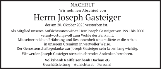 Traueranzeige von Joseph Gasteiger von merkurtz