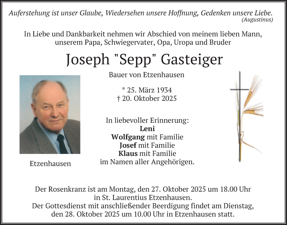  Traueranzeige für Joseph Gasteiger vom 24.10.2025 aus merkurtz