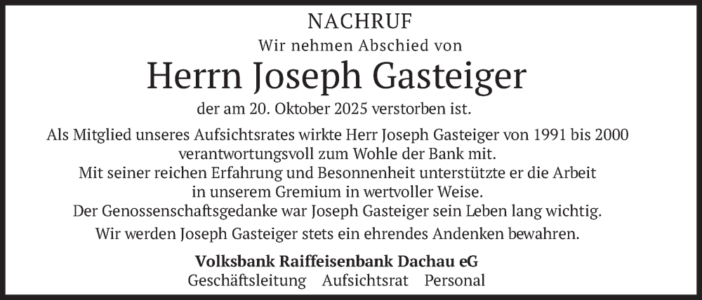  Traueranzeige für Joseph Gasteiger vom 28.10.2025 aus merkurtz