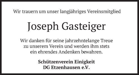 Traueranzeige von Joseph Gasteiger von merkurtz