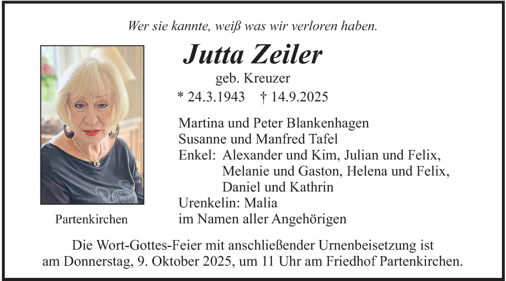  Traueranzeige für Jutta Zeiler vom 04.10.2025 aus merkurtz
