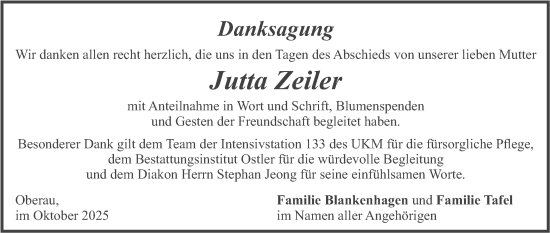 Traueranzeige von Jutta Zeiler von merkurtz