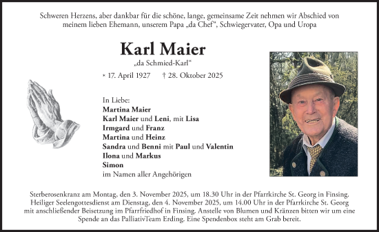 Traueranzeige von Karl Maier von merkurtz