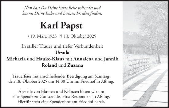 Traueranzeige von Karl Papst von merkurtz