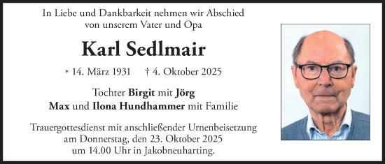Traueranzeige von Karl Sedlmair von merkurtz