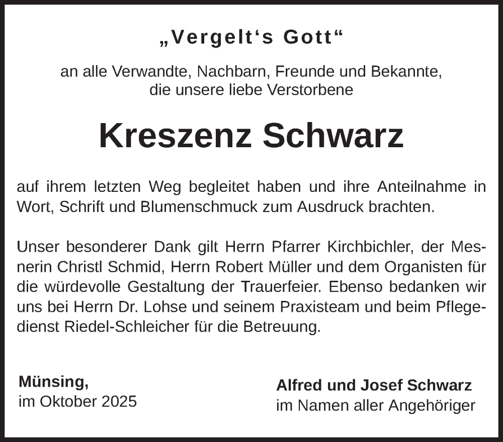  Traueranzeige für Kreszenz Schwarz vom 11.10.2025 aus merkurtz