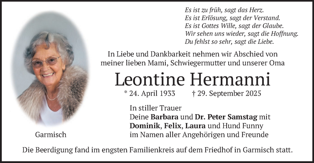  Traueranzeige für Leontine Hermanni vom 11.10.2025 aus merkurtz