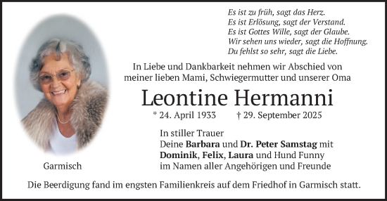 Traueranzeige von Leontine Hermanni von merkurtz