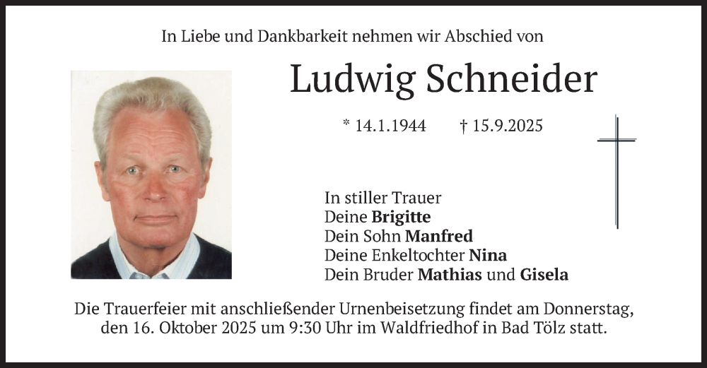  Traueranzeige für Ludwig Schneider vom 14.10.2025 aus merkurtz