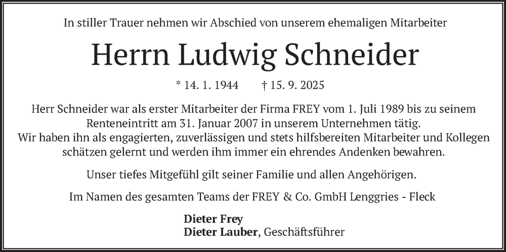 Traueranzeige für Ludwig Schneider vom 15.10.2025 aus merkurtz