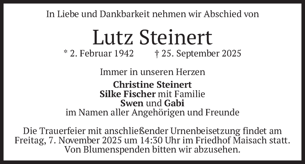  Traueranzeige für Lutz Steinert vom 31.10.2025 aus merkurtz