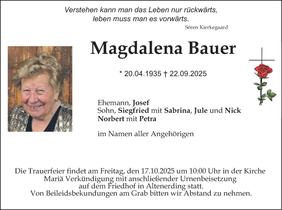 Traueranzeige von Magdalena Bauer von merkurtz