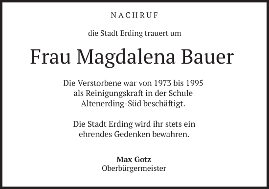 Traueranzeige von Magdalena Bauer von merkurtz