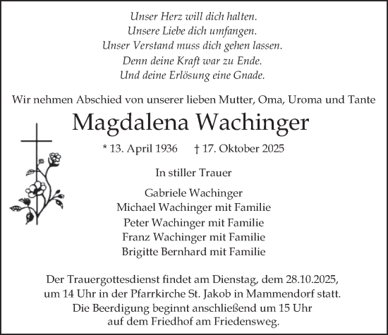 Traueranzeige von Magdalena Wachinger von merkurtz