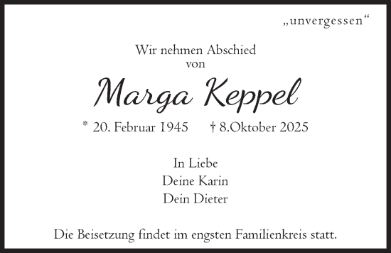 Traueranzeige von Marga Keppel von merkurtz