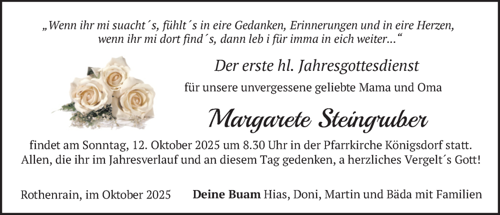  Traueranzeige für Margarete Steingruber vom 11.10.2025 aus merkurtz