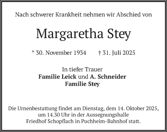 Traueranzeige von Margaretha Stey von merkurtz