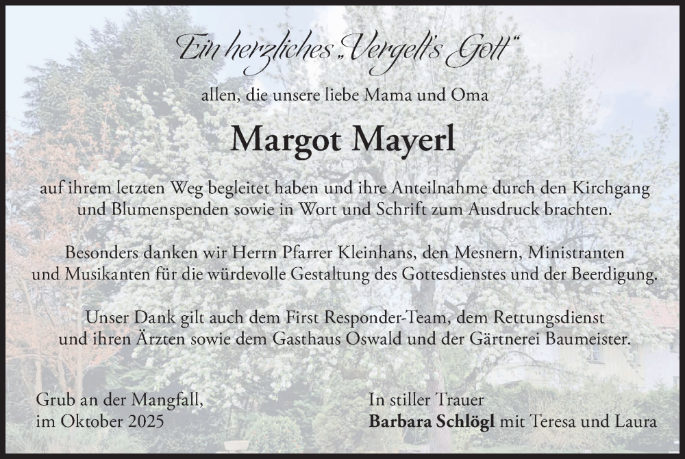  Traueranzeige für Margot Mayerl vom 11.10.2025 aus merkurtz