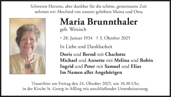 Traueranzeige von Maria Brunnthaler von merkurtz