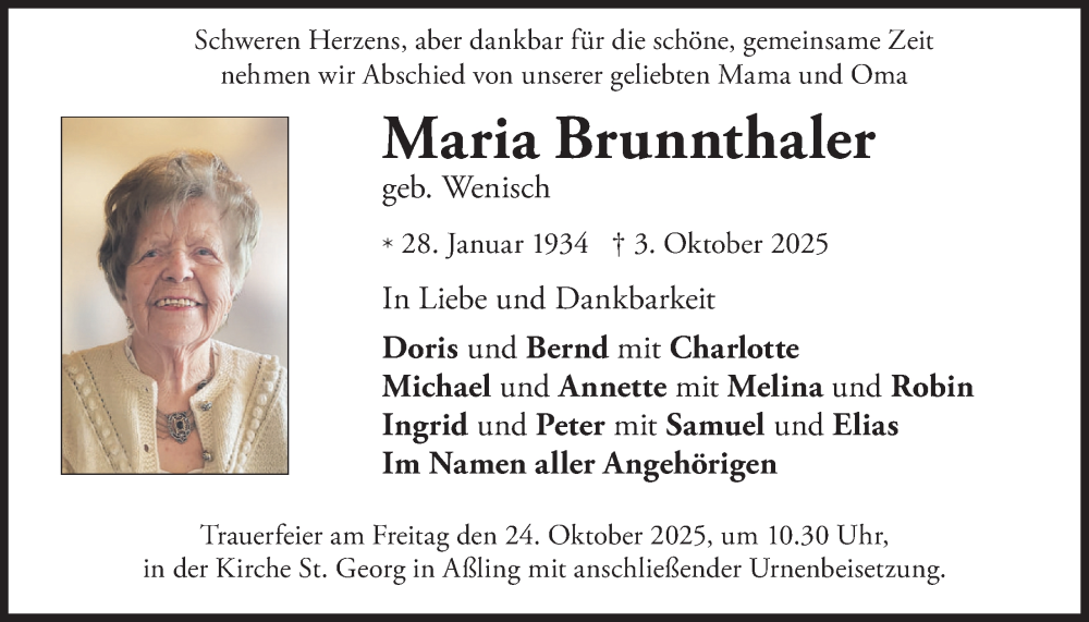  Traueranzeige für Maria Brunnthaler vom 18.10.2025 aus merkurtz