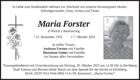 Traueranzeige von Maria Forster von merkurtz