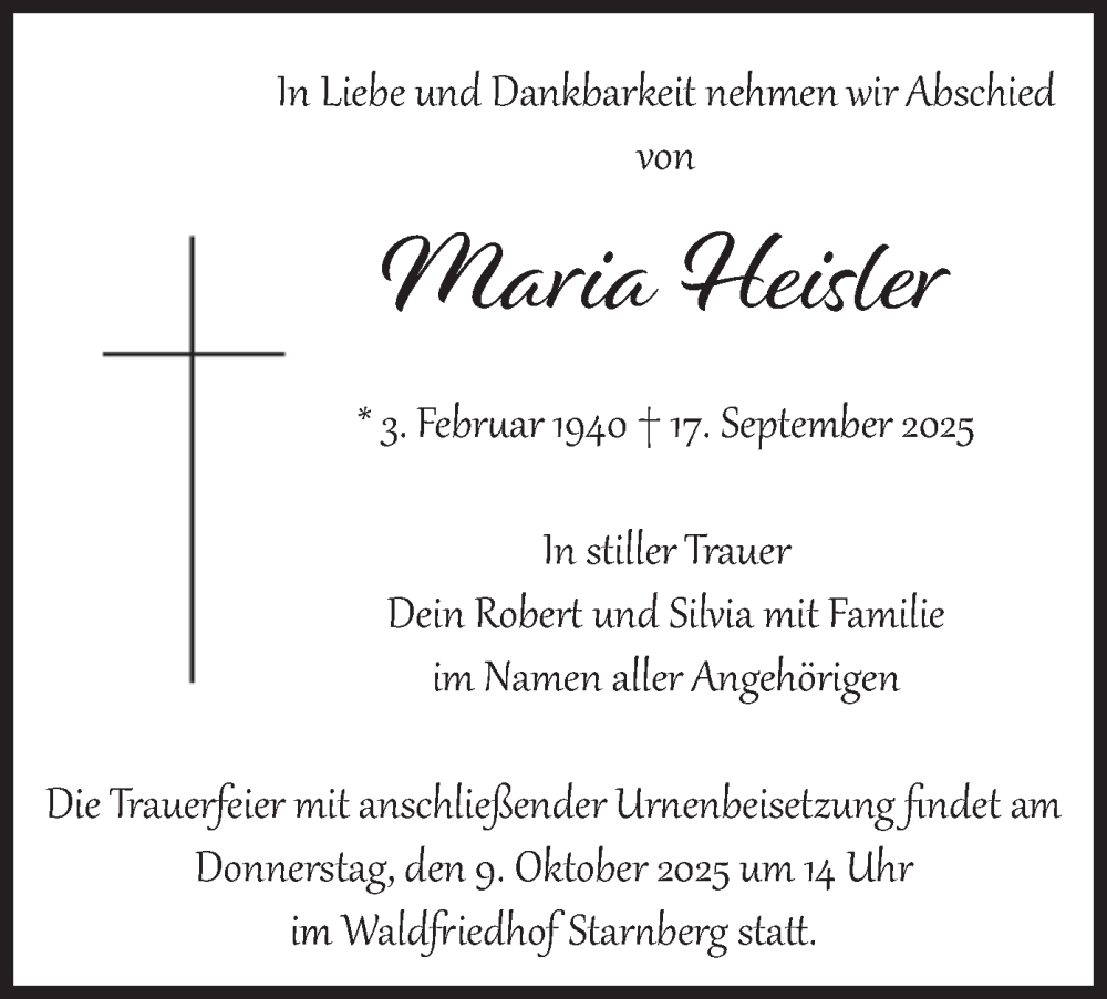  Traueranzeige für Maria Heisler vom 04.10.2025 aus merkurtz
