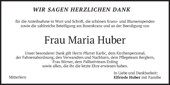 Traueranzeige von Maria Huber von merkurtz