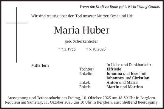 Traueranzeige von Maria Huber von merkurtz