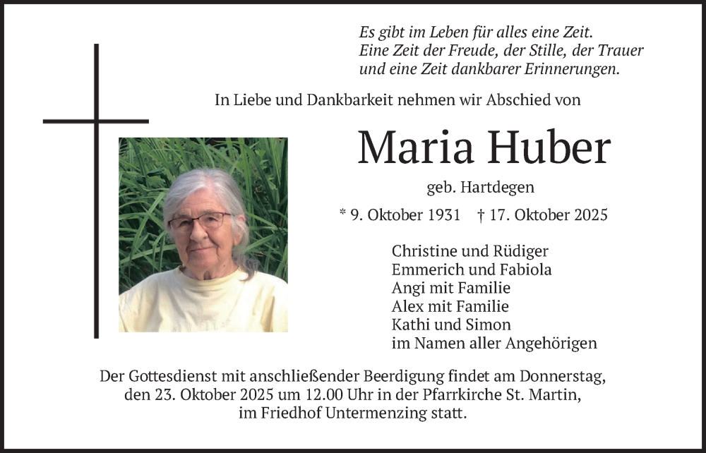  Traueranzeige für Maria Huber vom 22.10.2025 aus merkurtz