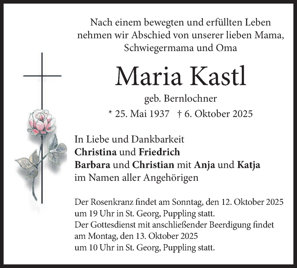  Traueranzeige für Maria Kastl vom 10.10.2025 aus merkurtz
