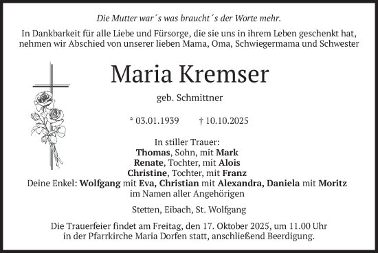 Traueranzeige von Maria Kremser von merkurtz