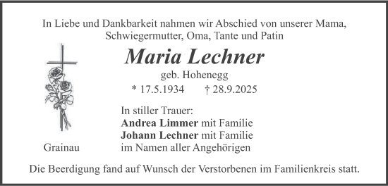 Traueranzeige von Maria Lechner von merkurtz