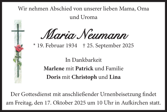 Traueranzeige von Maria Neumann von merkurtz