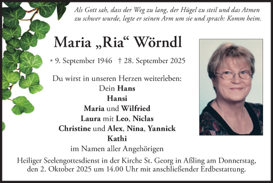 Traueranzeige von Maria Wörndl von merkurtz