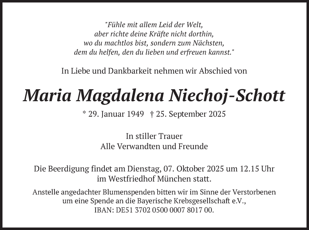  Traueranzeige für Maria Magdalena Niechoj-Schott vom 01.10.2025 aus merkurtz