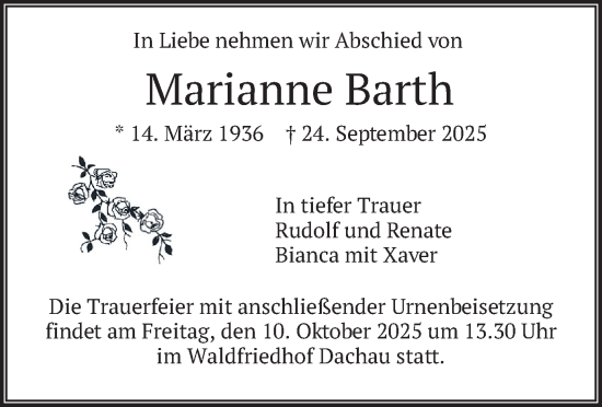 Traueranzeige von Marianne Barth von merkurtz