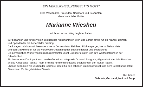 Traueranzeige von Marianne Wiesheu von merkurtz