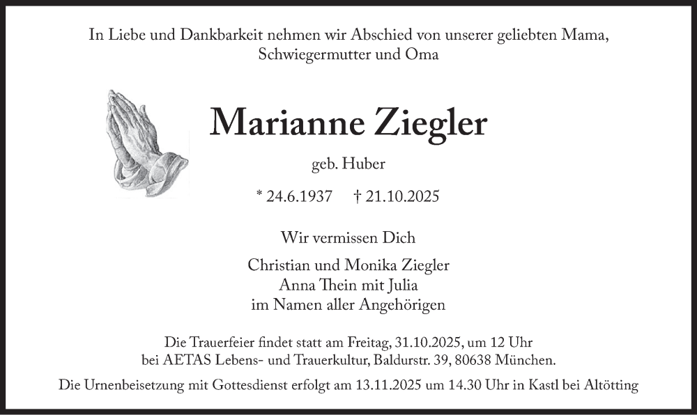  Traueranzeige für Marianne Ziegler vom 25.10.2025 aus merkurtz