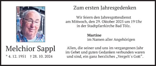 Traueranzeige von Melchior Sappl von merkurtz