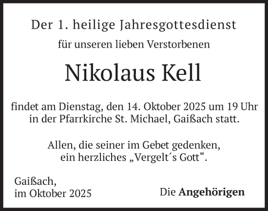 Traueranzeige von Nikolaus Kell von merkurtz
