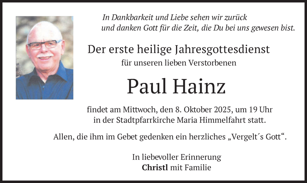  Traueranzeige für Paul Hainz vom 04.10.2025 aus merkurtz