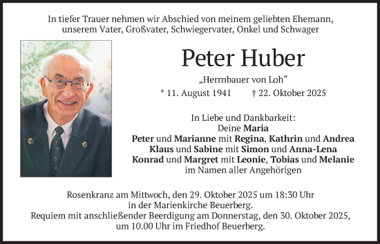 Traueranzeige von Peter Huber von merkurtz