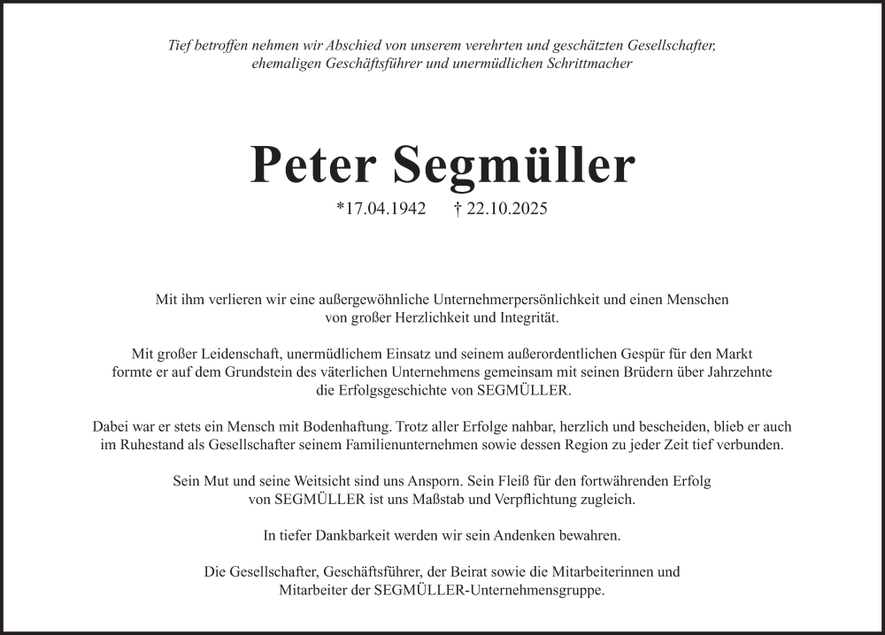  Traueranzeige für Peter Segmüller vom 31.10.2025 aus merkurtz